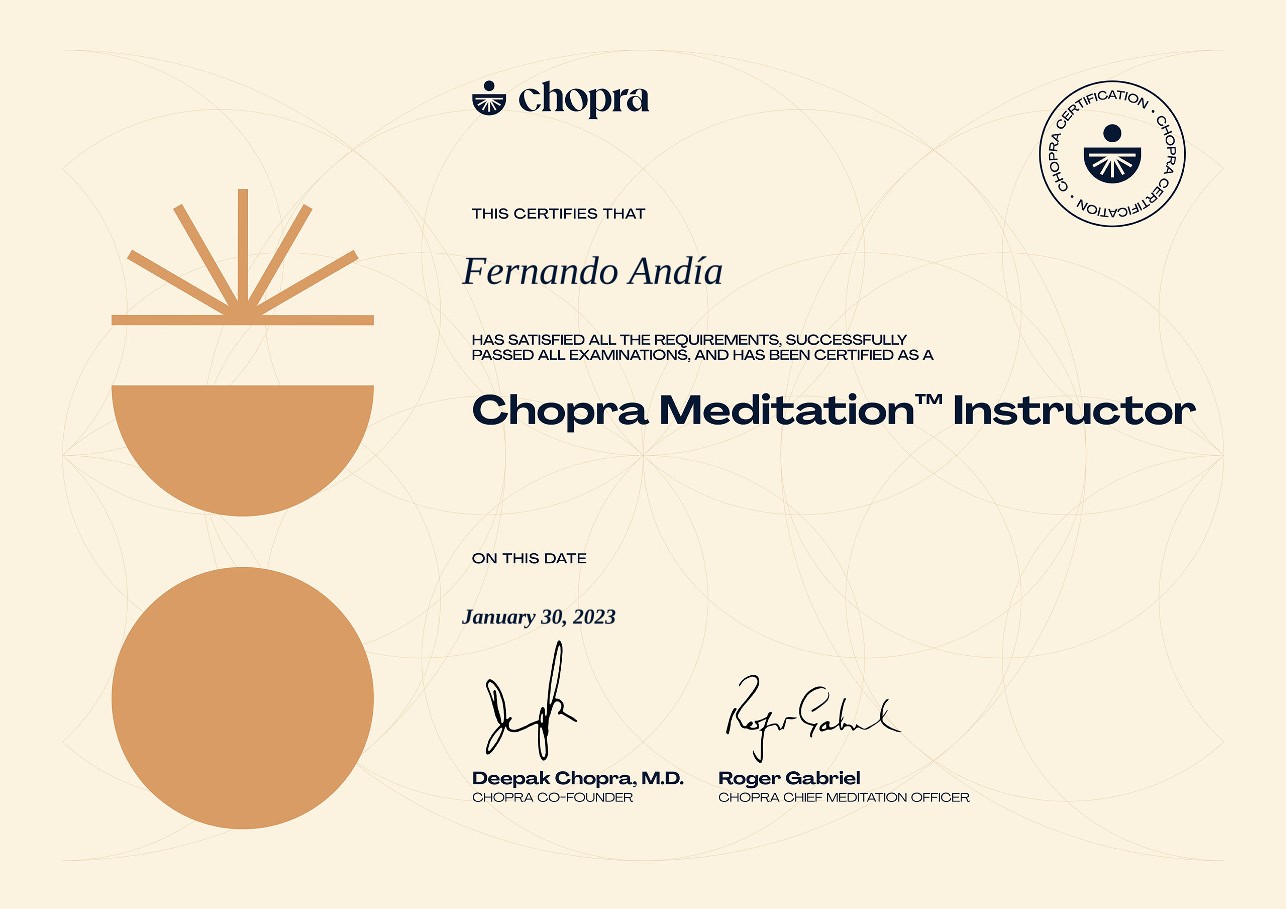 Diploma de Chopra Global que certifica a Fernando Andía como Chopra Meditation Instructor, con fecha del 30 de enero de 2023